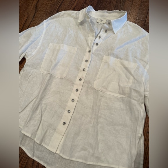 CAMI NYC Belkis Embellished Button Linen White Button-Up Shirt Size Small - Picture 5 of 8